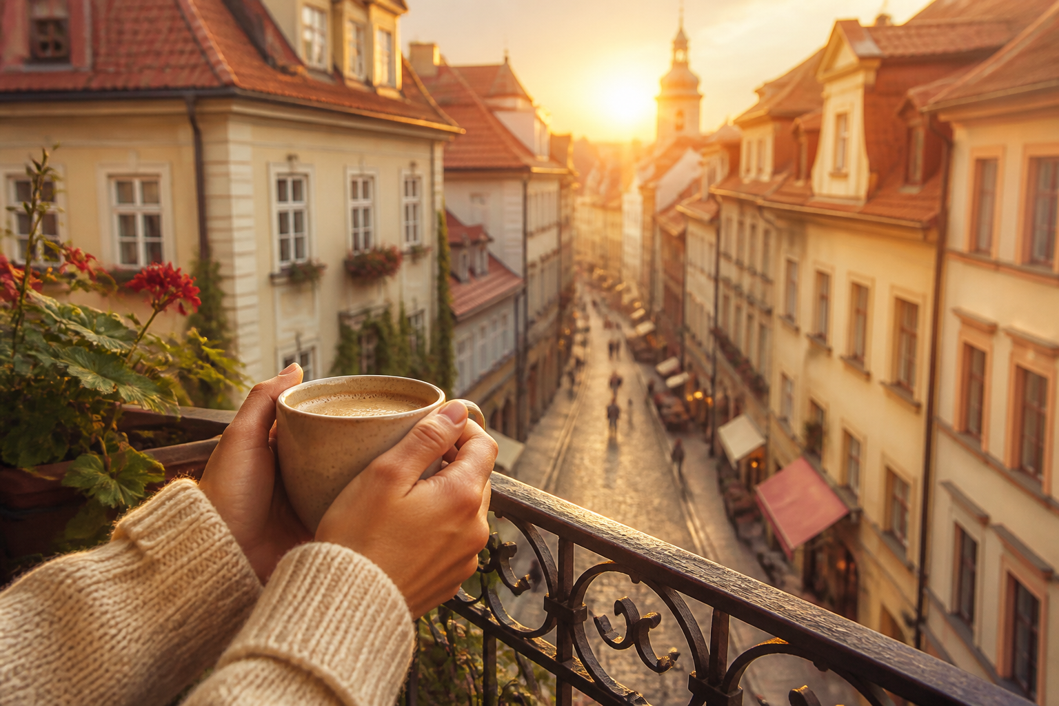 Guest holding a coffee on a balcony overlooking an old-town street