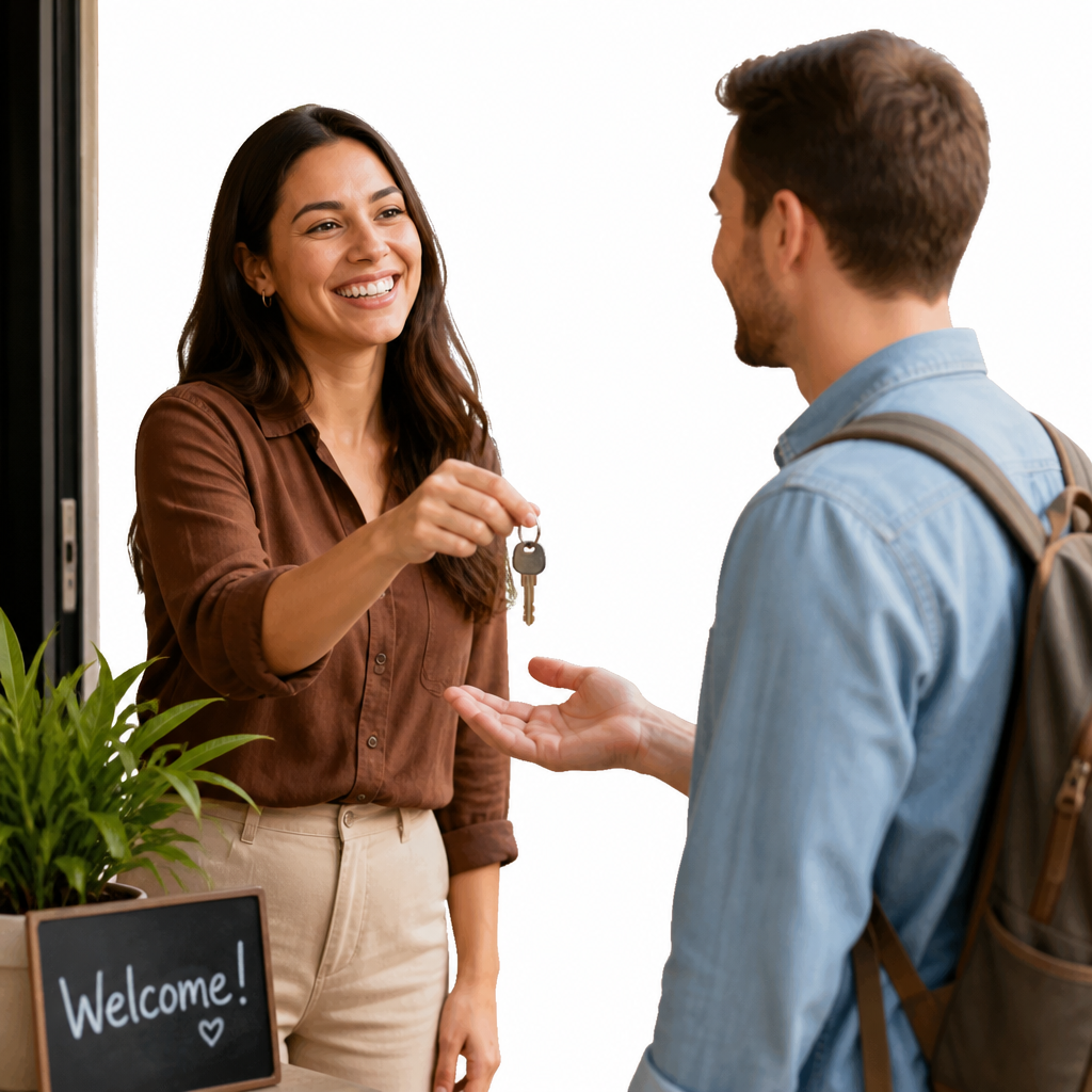 A host handing a key to a smiling guest at a doorway